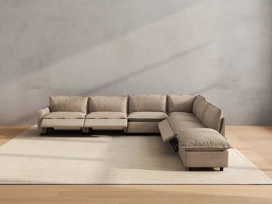 Modular Cero Reclining Sectionals | 7-Piece Khaki Linen Large Space V-Shaped Sectionals 6-Seater with 1-Ottoman