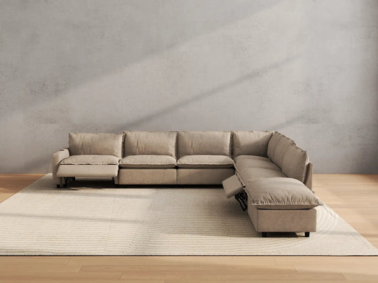 Modular Cero Reclining Sectionals | 7-Piece Khaki Linen Large Space V-Shaped Sectionals 6-Seater with 1-Ottoman