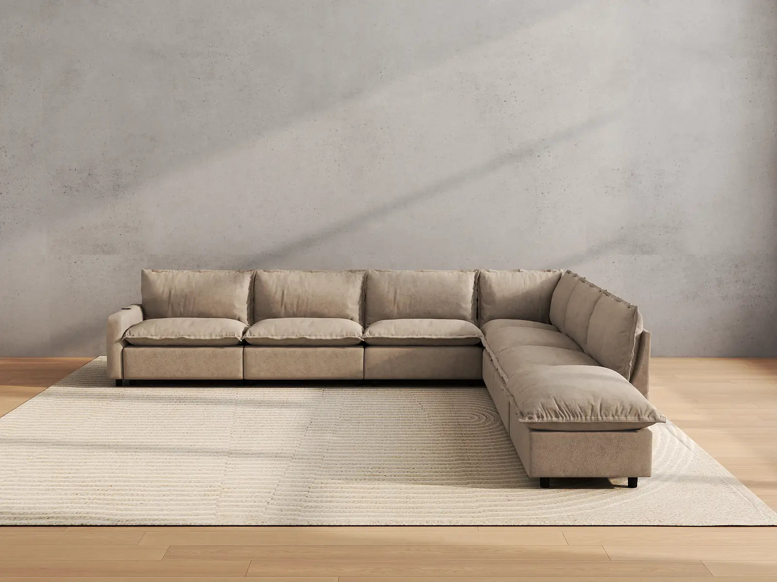 Modular Cero Sectional Sofa with Recliner and Chaise | 7-Piece Khaki Linen Large Space V-Shaped Sectionals 6-Seater with 1-Ottoman