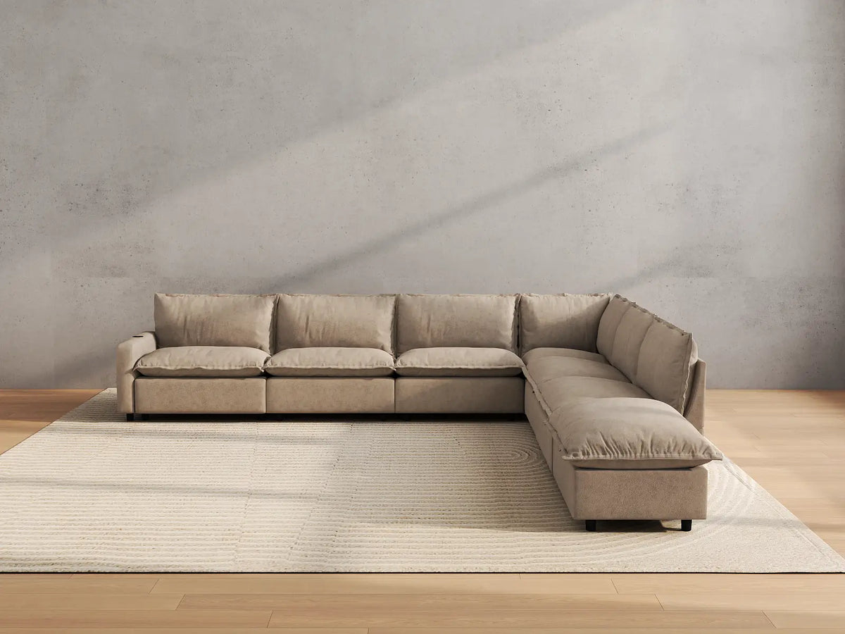 Modular Cero Reclining Sectionals | 7-Piece Khaki Linen Large Space V-Shaped Sectionals 6-Seater with 1-Ottoman