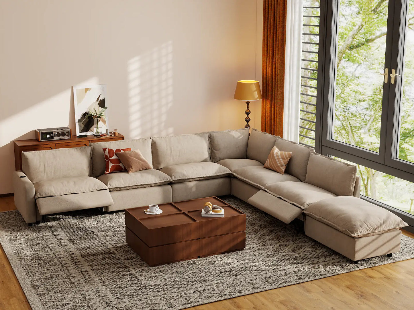 Modular Cero Reclining Sectionals | 7-Piece Khaki Linen Large Space V-Shaped Sectionals 6-Seater with 1-Ottoman