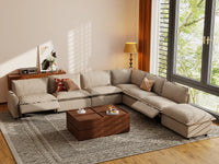 Modular Cero Reclining Sectionals | 7-Piece Khaki Linen Large Space V-Shaped Sectionals 6-Seater with 1-Ottoman