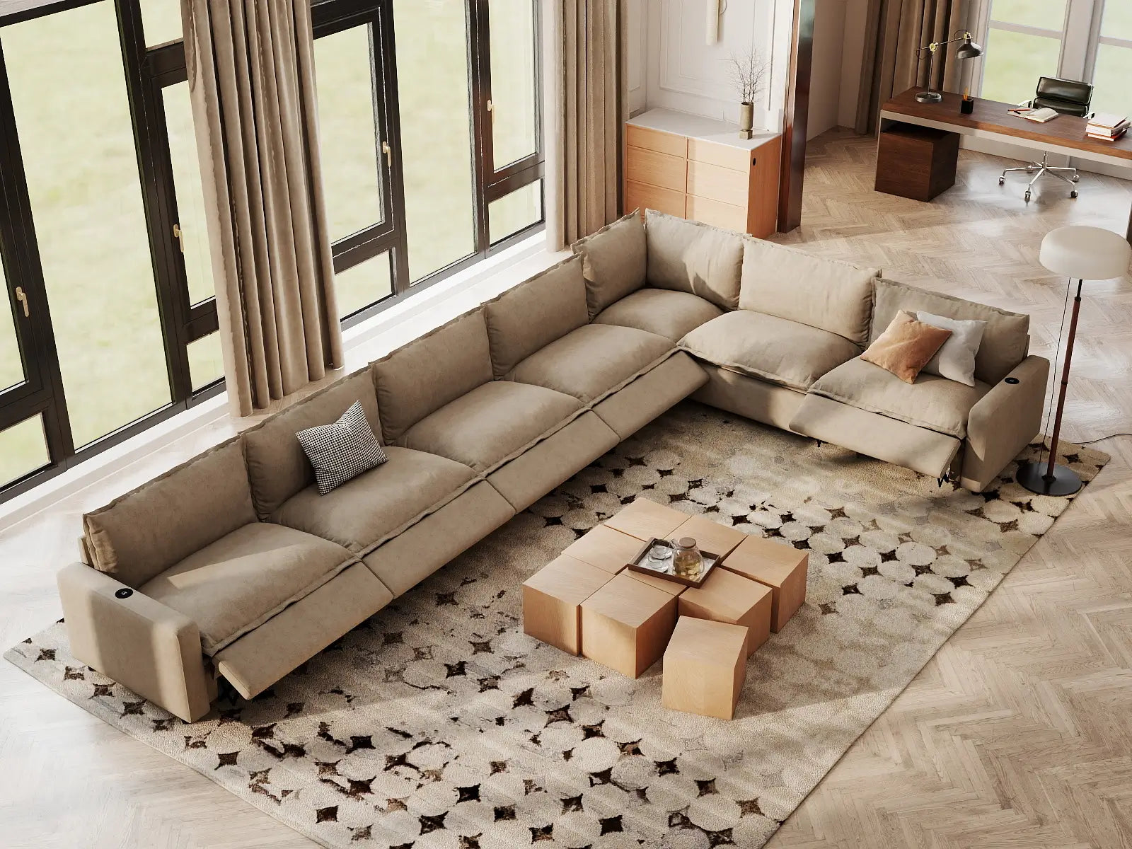 Modular Cero Sectional Couch and Recliner | 7-Piece Khaki Linen Large Space V-Shaped Sectionals 7-Seater