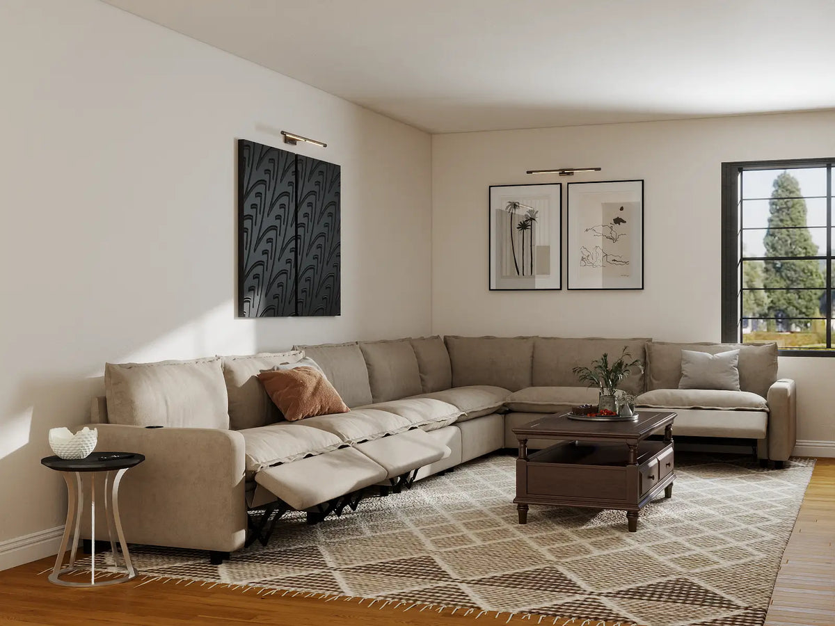Modular Cero Reclining Sectionals | 7-Piece Khaki Linen Large Space V-Shaped Sectionals 7-Seater