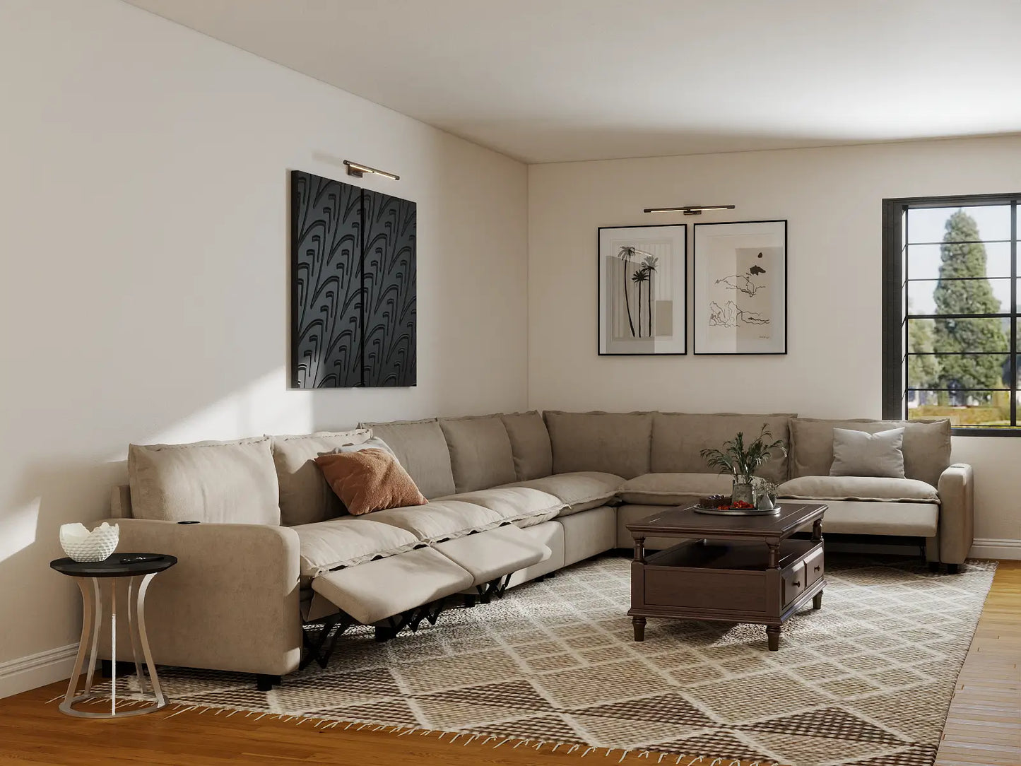 Modular Cero Reclining Sectionals | 7-Piece Khaki Linen Large Space V-Shaped Sectionals 7-Seater