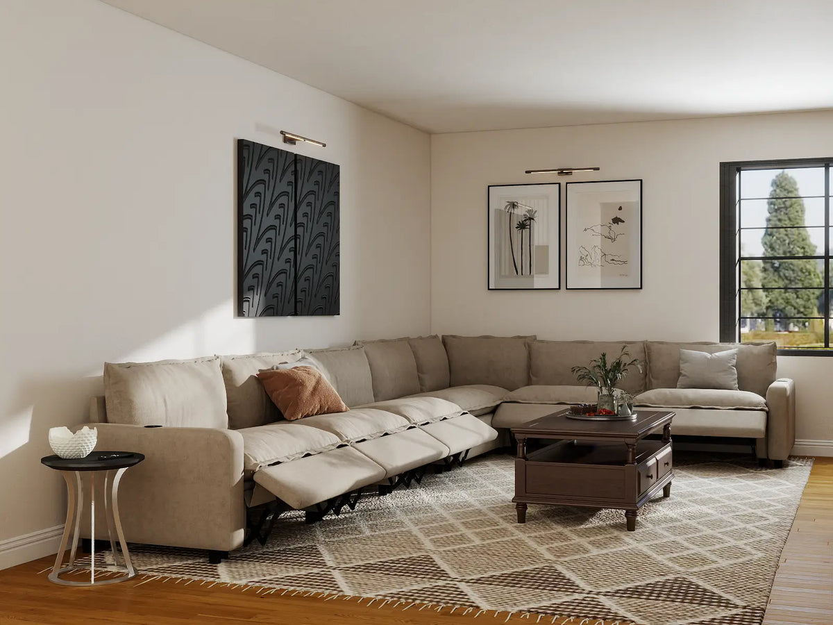 Modular Cero Reclining Sectionals | 7-Piece Khaki Linen Large Space V-Shaped Sectionals 7-Seater