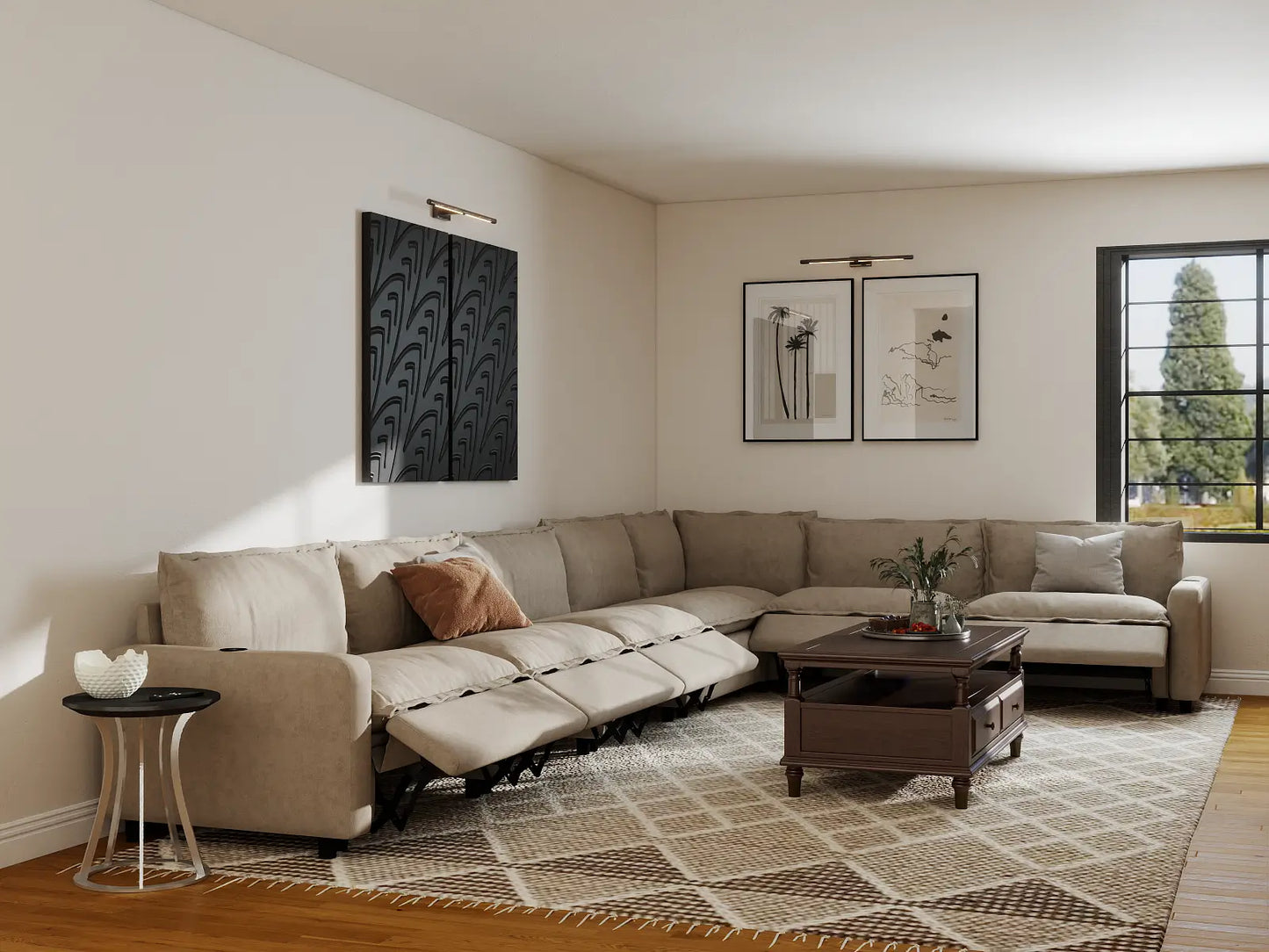 Modular Cero Reclining Sectionals | 7-Piece Khaki Linen Large Space V-Shaped Sectionals 7-Seater