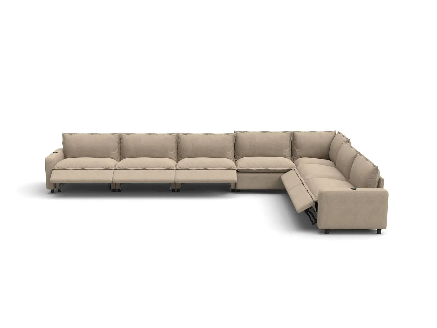 Modular Cero Sectional Couch and Recliner | 7-Piece Khaki Linen Large Space V-Shaped Sectionals 7-Seater