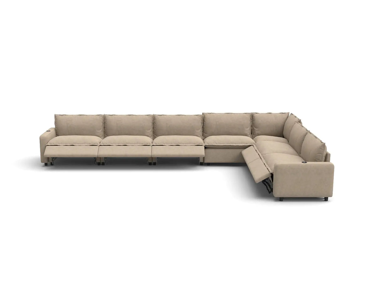 Modular Cero Reclining Sectionals | 7-Piece Khaki Linen Large Space V-Shaped Sectionals 7-Seater
