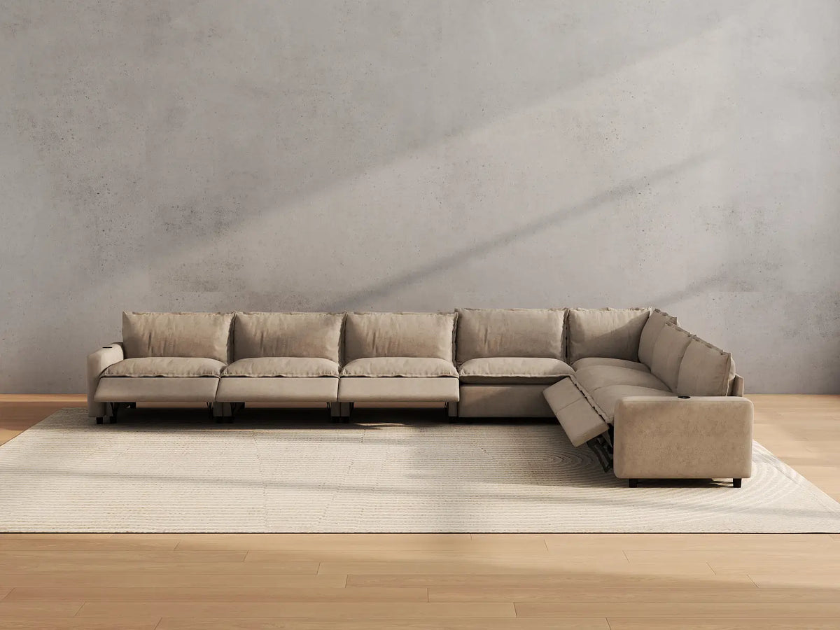 Modular Cero Reclining Sectionals | 7-Piece Khaki Linen Large Space V-Shaped Sectionals 7-Seater