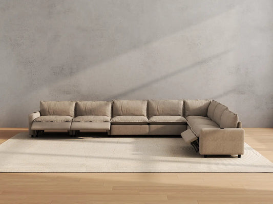 Modular Cero Reclining Sectionals | 7-Piece Khaki Linen Large Space V-Shaped Sectionals 7-Seater