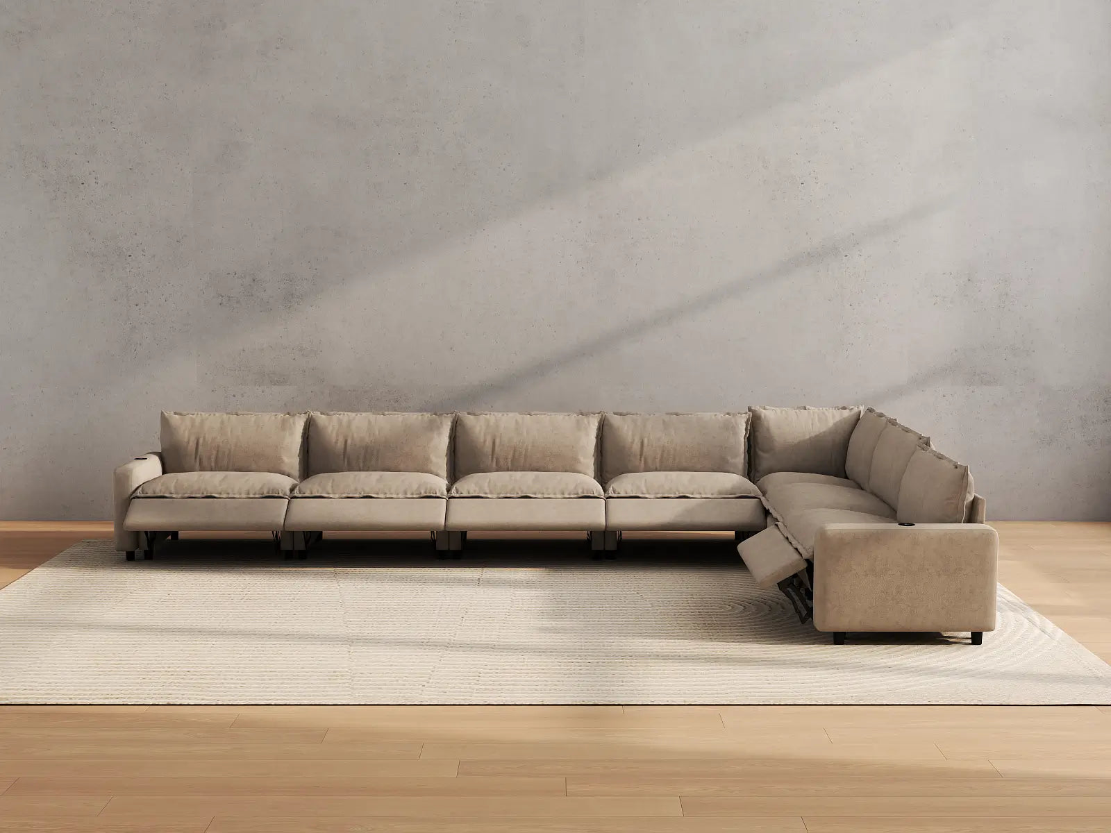 Modular Cero Sectional Couch and Recliner | 7-Piece Khaki Linen Large Space V-Shaped Sectionals 7-Seater