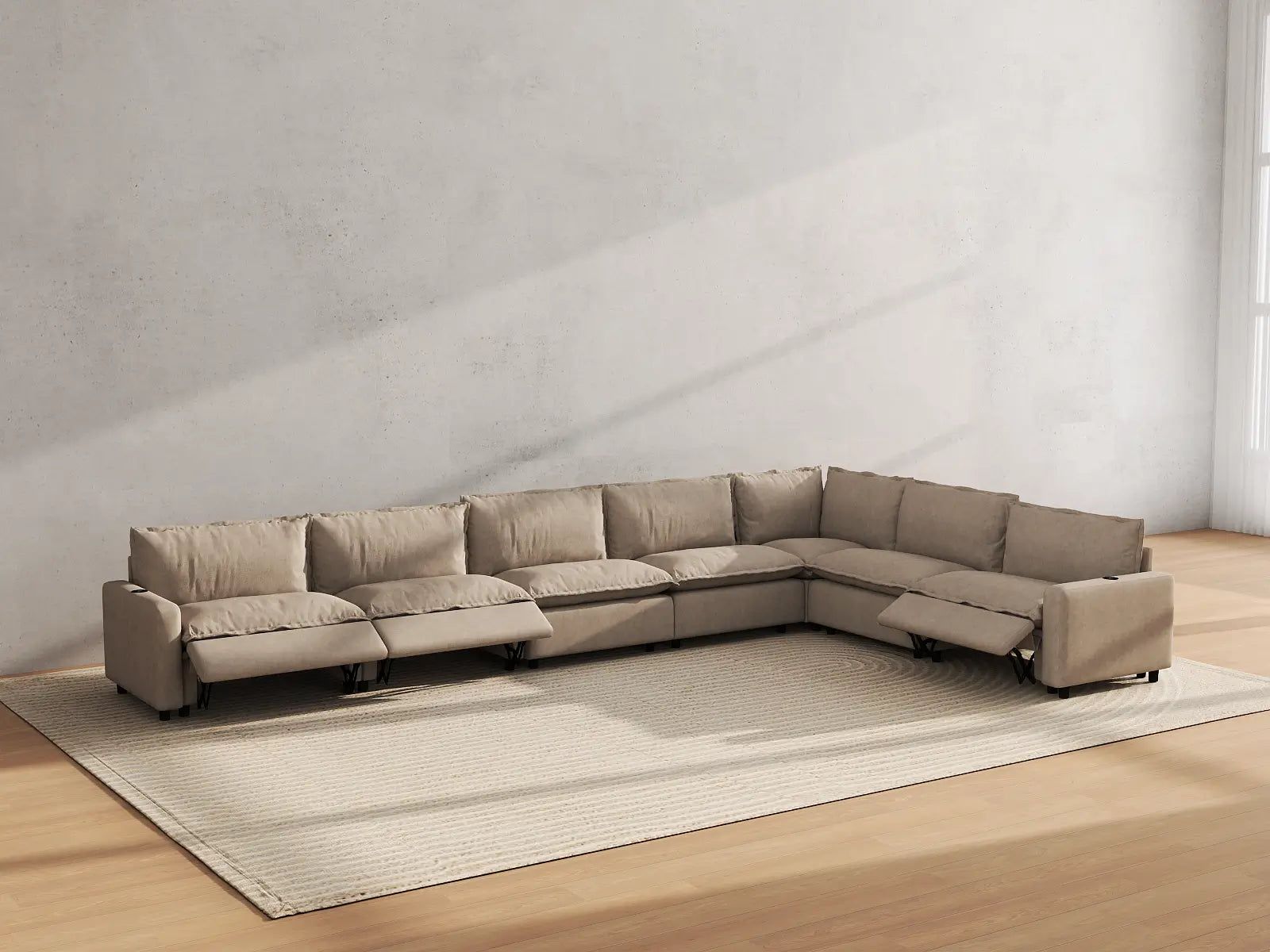 Modular Cero Power Recliner Sectional | 7-Piece Khaki Linen Large Space V-Shaped Sectionals 7-Seater