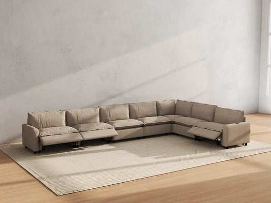 Modular Cero Reclining Sectionals | 7-Piece Khaki Linen Large Space V-Shaped Sectionals 7-Seater