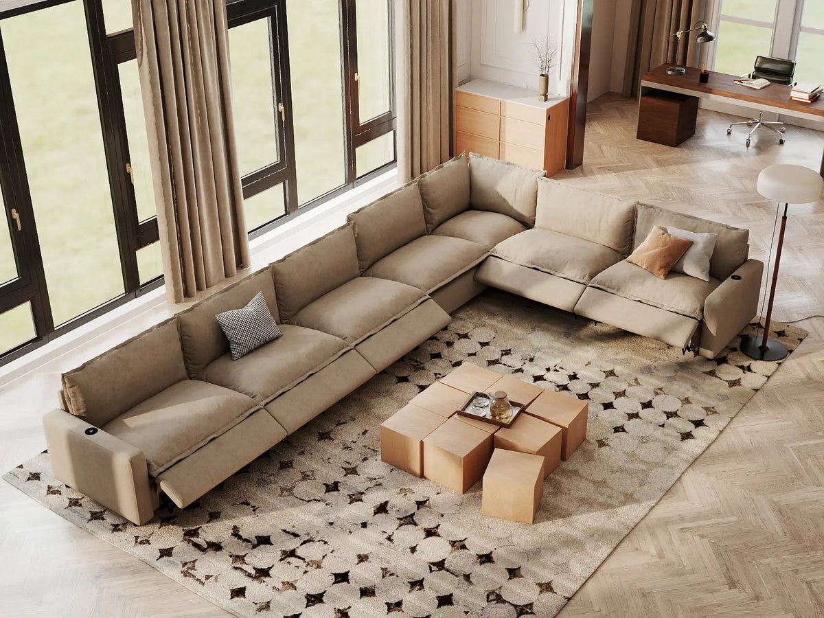 Modular Cero Reclining Sectionals | 7-Piece Khaki Linen Large Space V-Shaped Sectionals 7-Seater