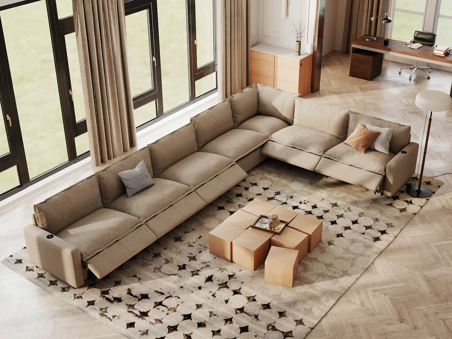 Modular Cero Reclining Sectionals | 7-Piece Khaki Linen Large Space V-Shaped Sectionals 7-Seater