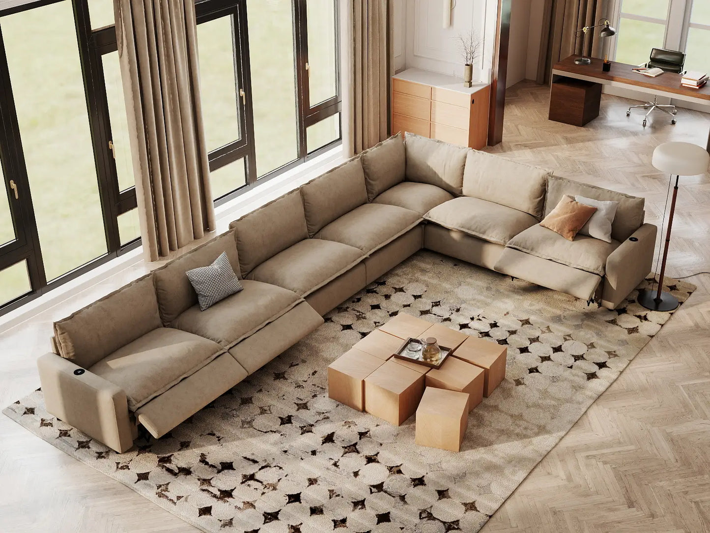 Modular Cero Reclining Sectionals | 7-Piece Khaki Linen Large Space V-Shaped Sectionals 7-Seater