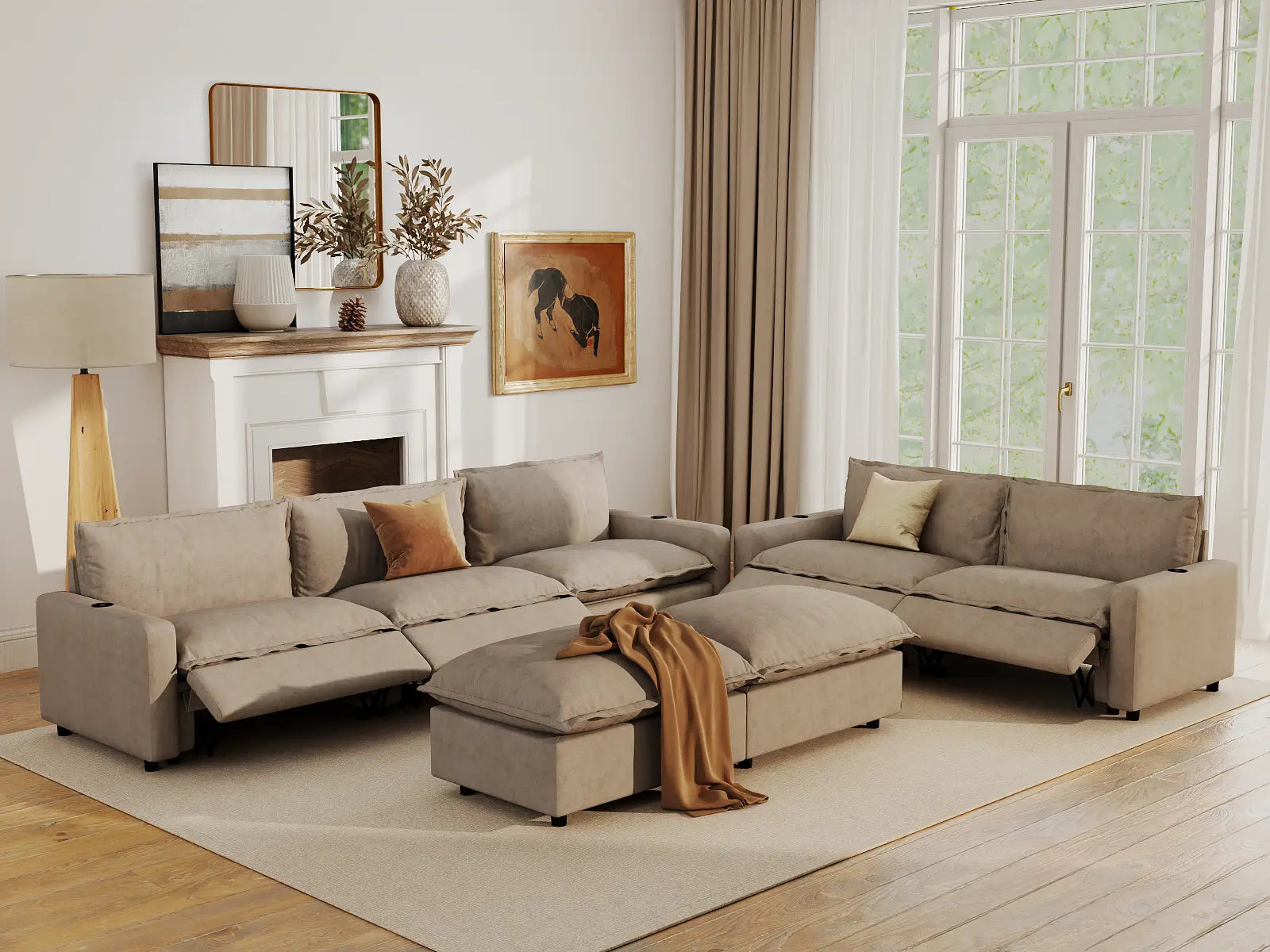 Modular Cero Sofa and Recliner Set Sale | 7-Piece Khaki Linen Open Plan Sofa Sets 5-Seater with 2-Ottomans