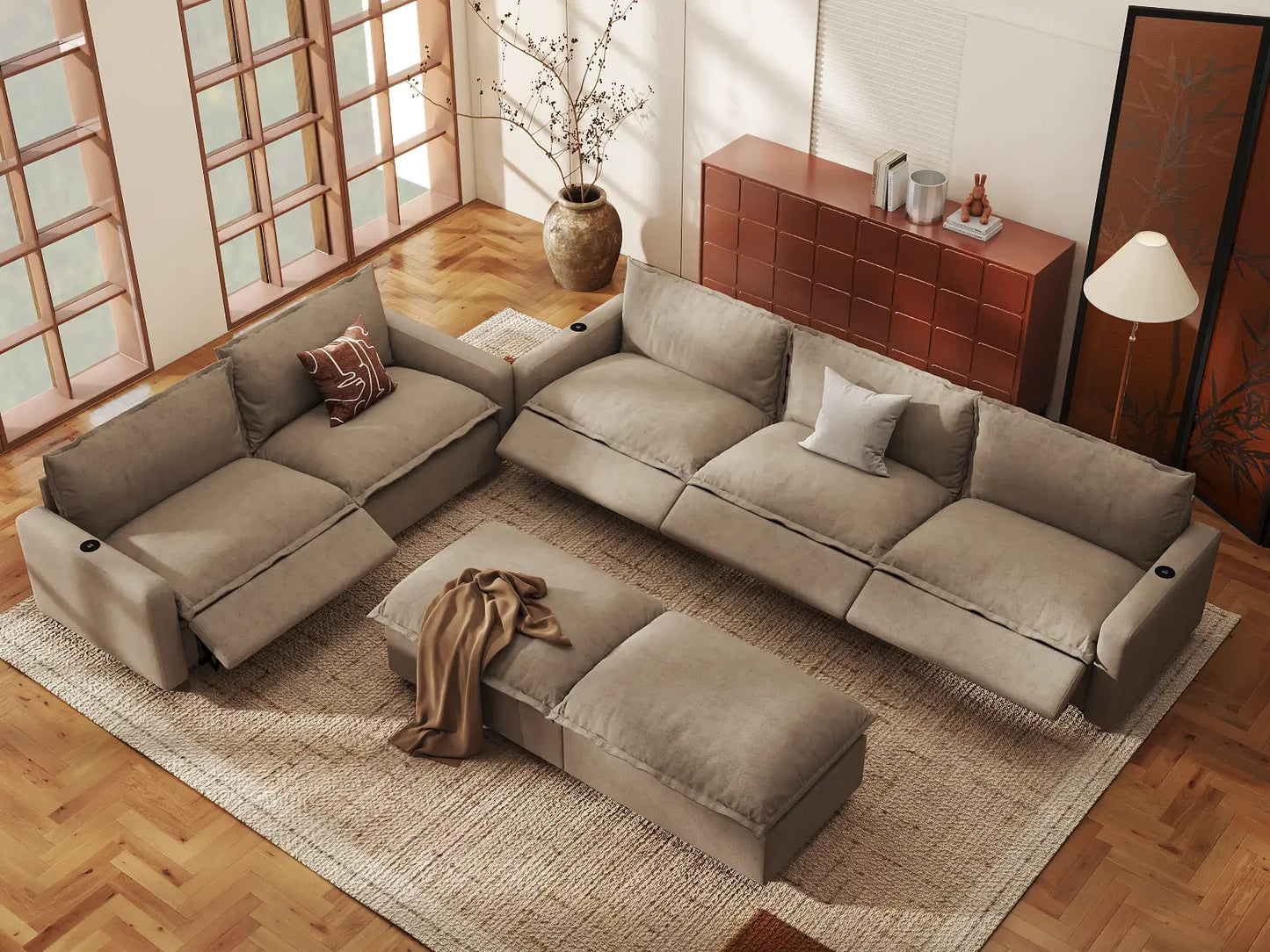 Modular Cero Reclining Sectionals | 7-Piece Khaki Linen Open Plan Sofa Sets 5-Seater with 2-Ottomans