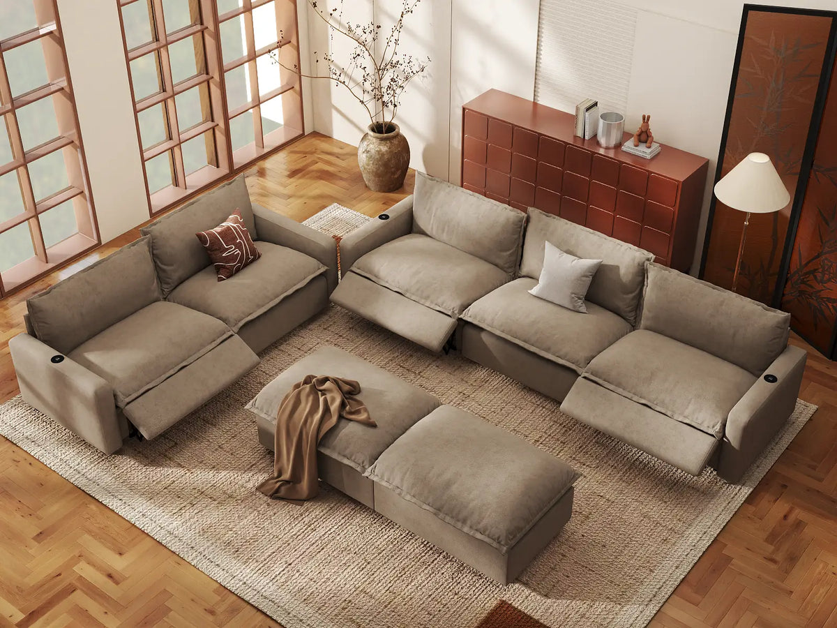 Modular Cero Reclining Sectionals | 7-Piece Khaki Linen Open Plan Sofa Sets 5-Seater with 2-Ottomans