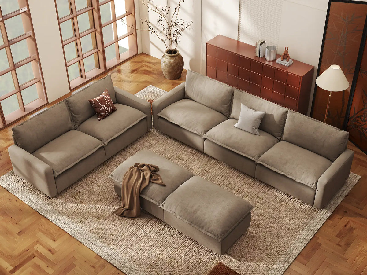 Modular Cero Modular Sectionals | 7-Piece Khaki Linen Open Plan Sofa Sets 5-Seater with 2-Ottomans