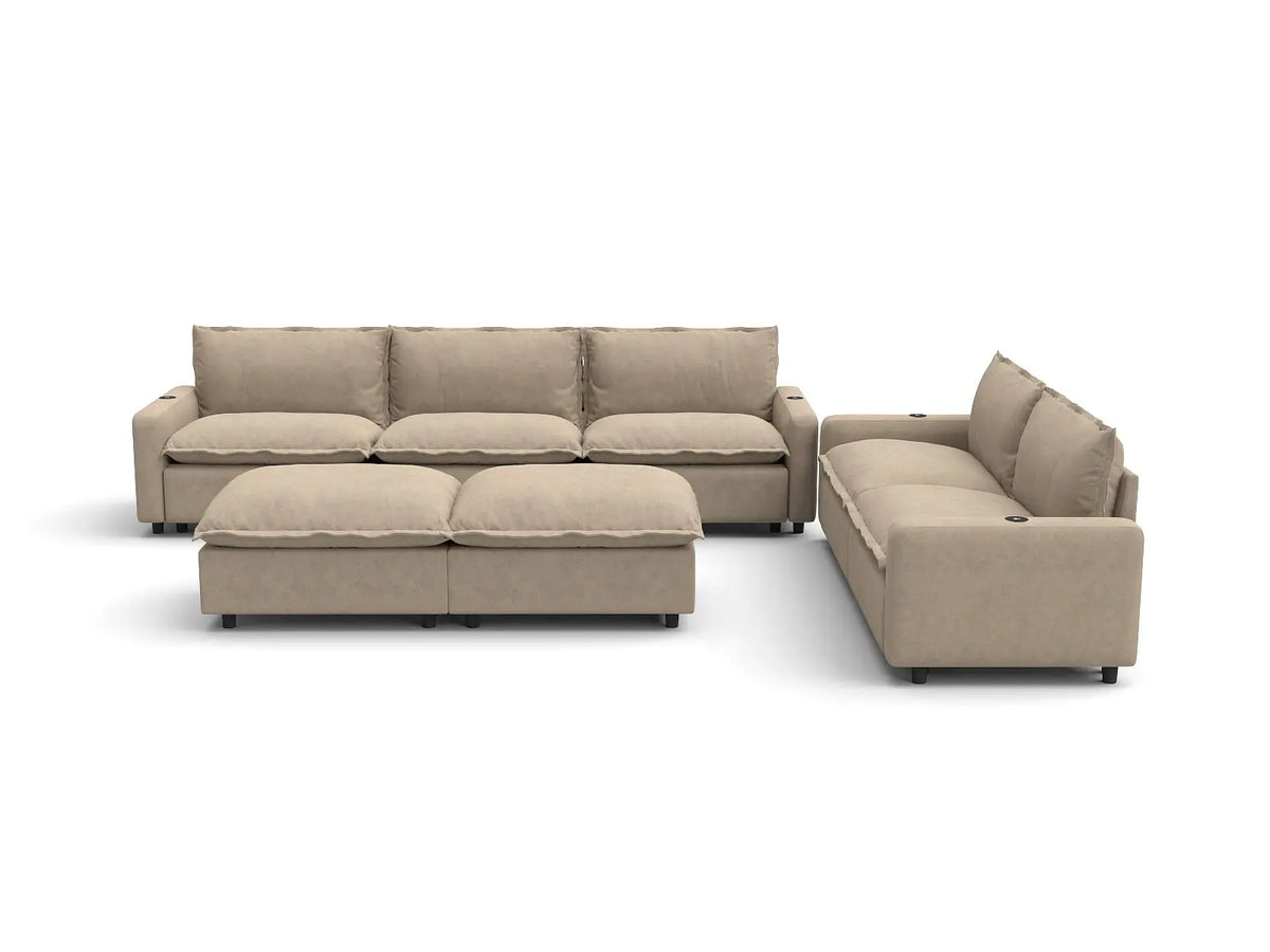 Modular Cero Reclining Sectionals | 7-Piece Khaki Linen Open Plan Sofa Sets 5-Seater with 2-Ottomans