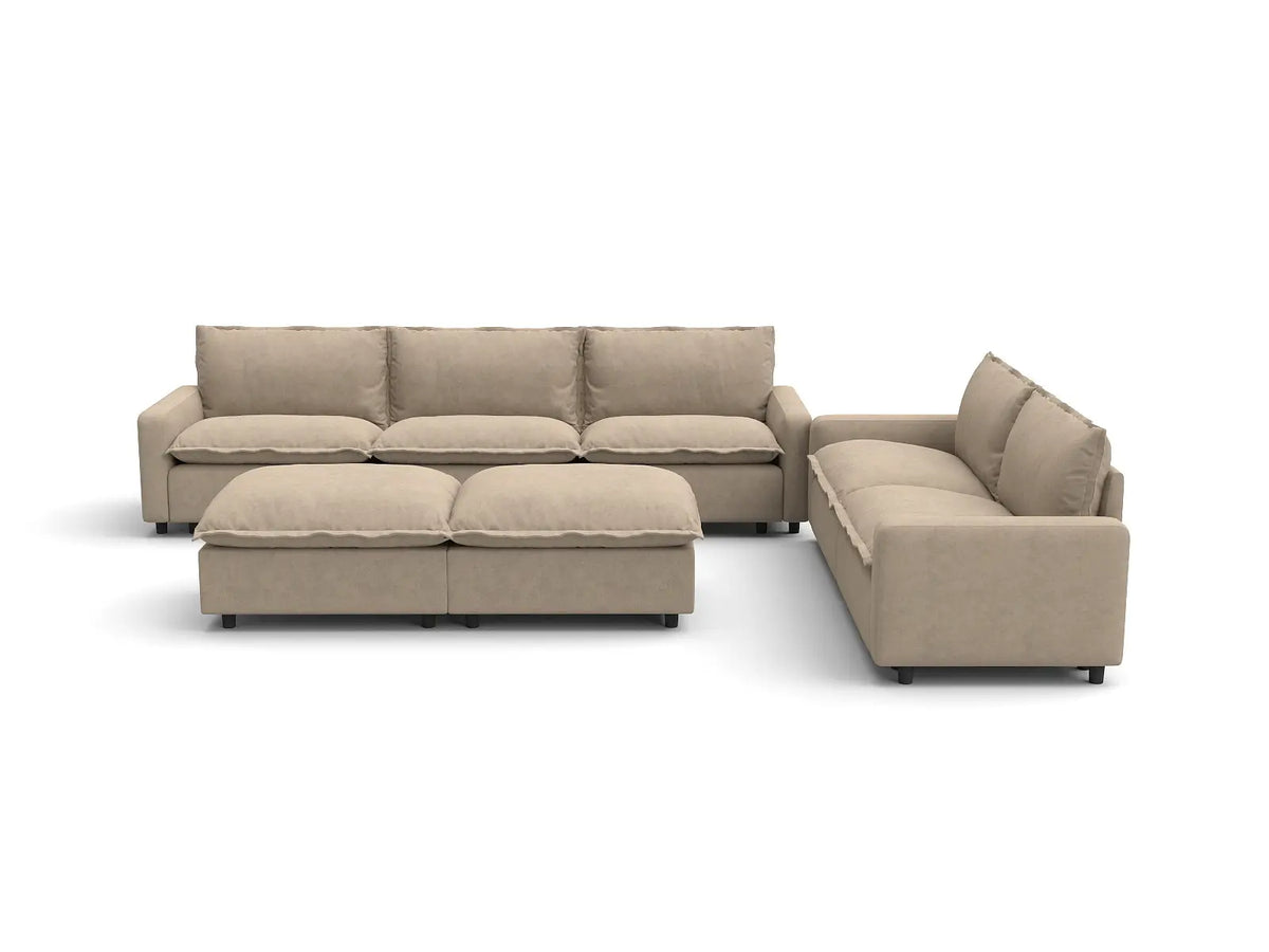Modular Cero Modular Sectionals | 7-Piece Khaki Linen Open Plan Sofa Sets 5-Seater with 2-Ottomans