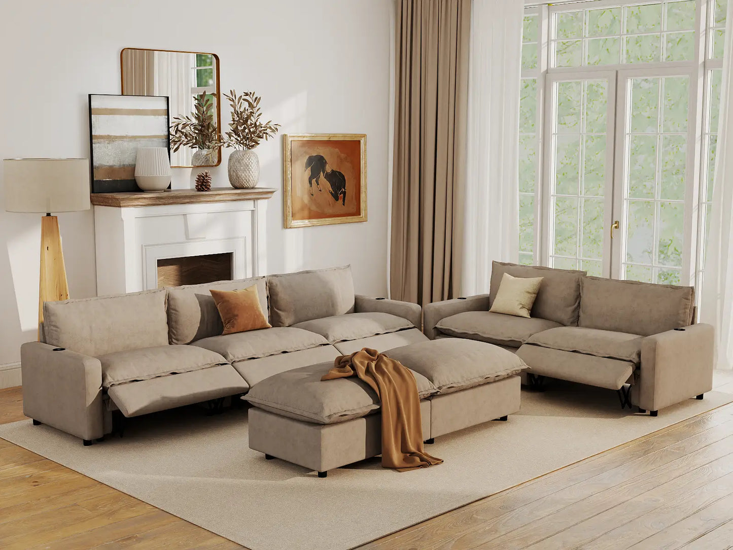 Modular Cero Reclining Sectionals | 7-Piece Khaki Linen Open Plan Sofa Sets 5-Seater with 2-Ottomans