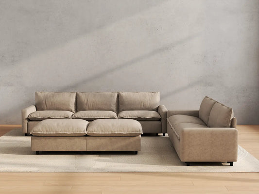 Modular Cero Modular Sectionals | 7-Piece Khaki Linen Open Plan Sofa Sets 5-Seater with 2-Ottomans