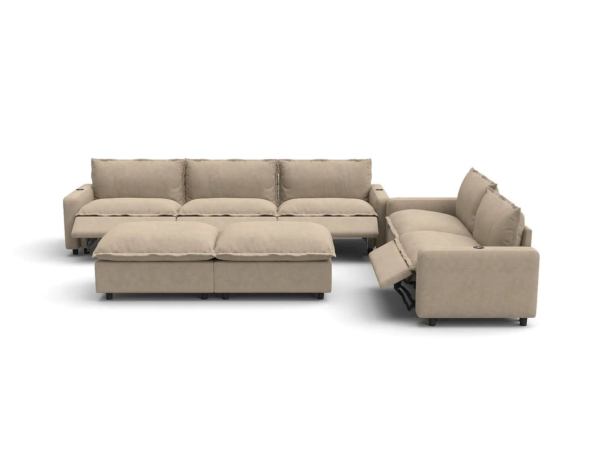 Modular Cero Reclining Sectionals | 7-Piece Khaki Linen Open Plan Sofa Sets 5-Seater with 2-Ottomans