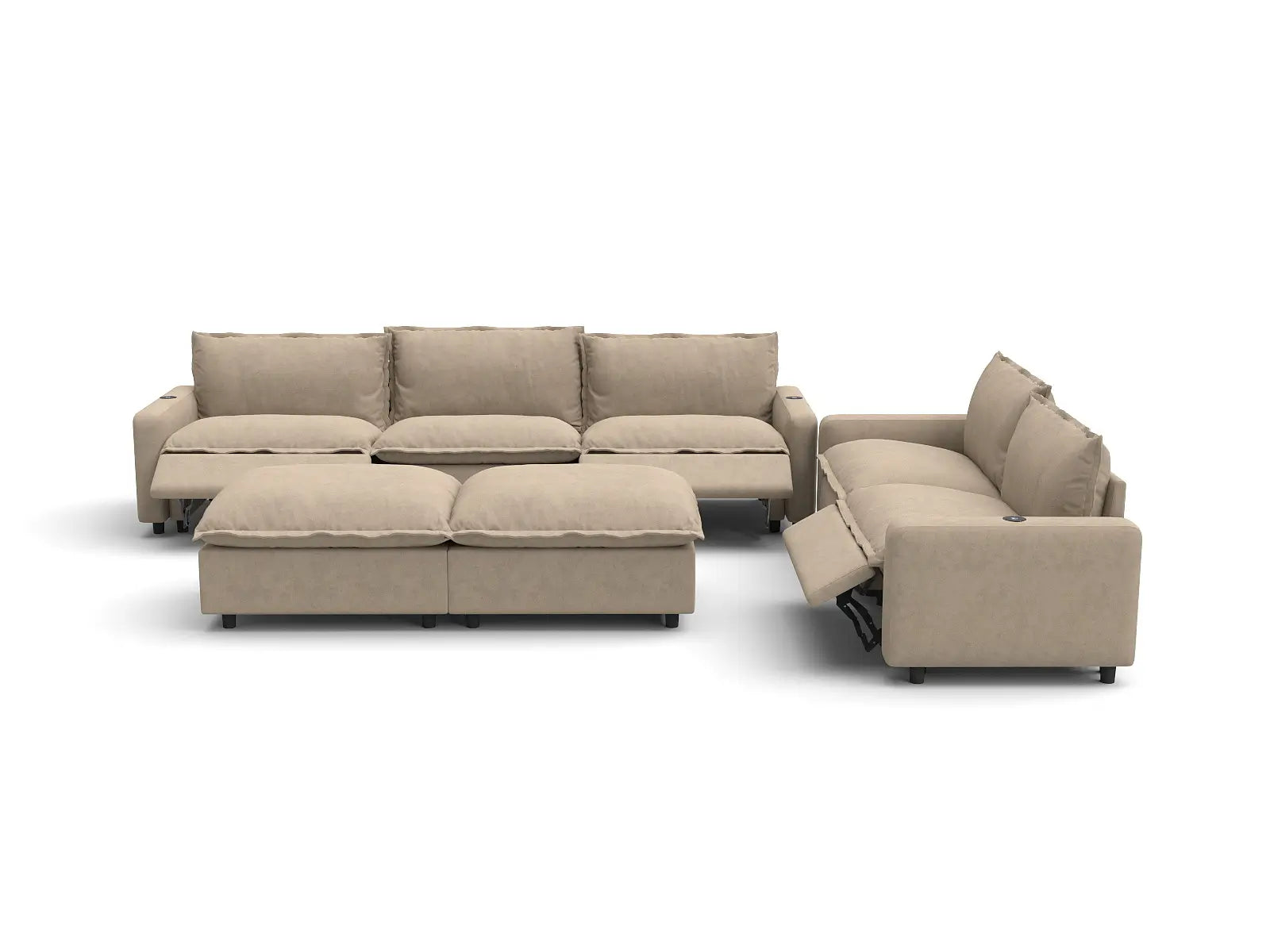 Modular Cero Power Recliner Sofa Set | 7-Piece Khaki Linen Open Plan Sofa Sets 5-Seater with 2-Ottomans