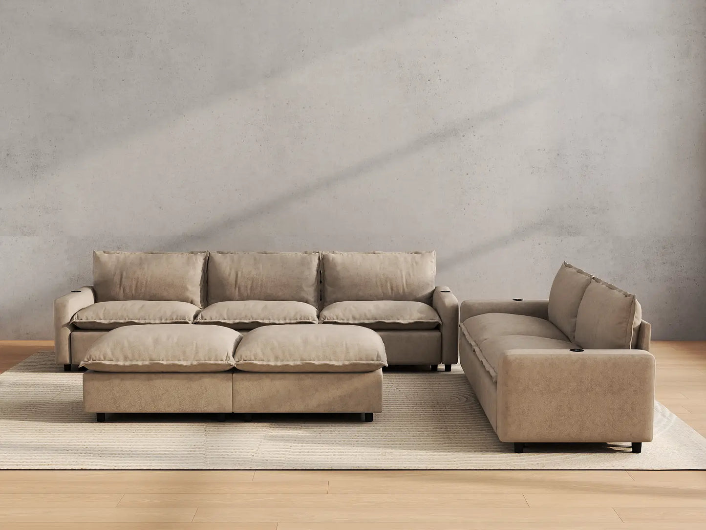 Modular Cero Reclining Sectionals | 7-Piece Khaki Linen Open Plan Sofa Sets 5-Seater with 2-Ottomans