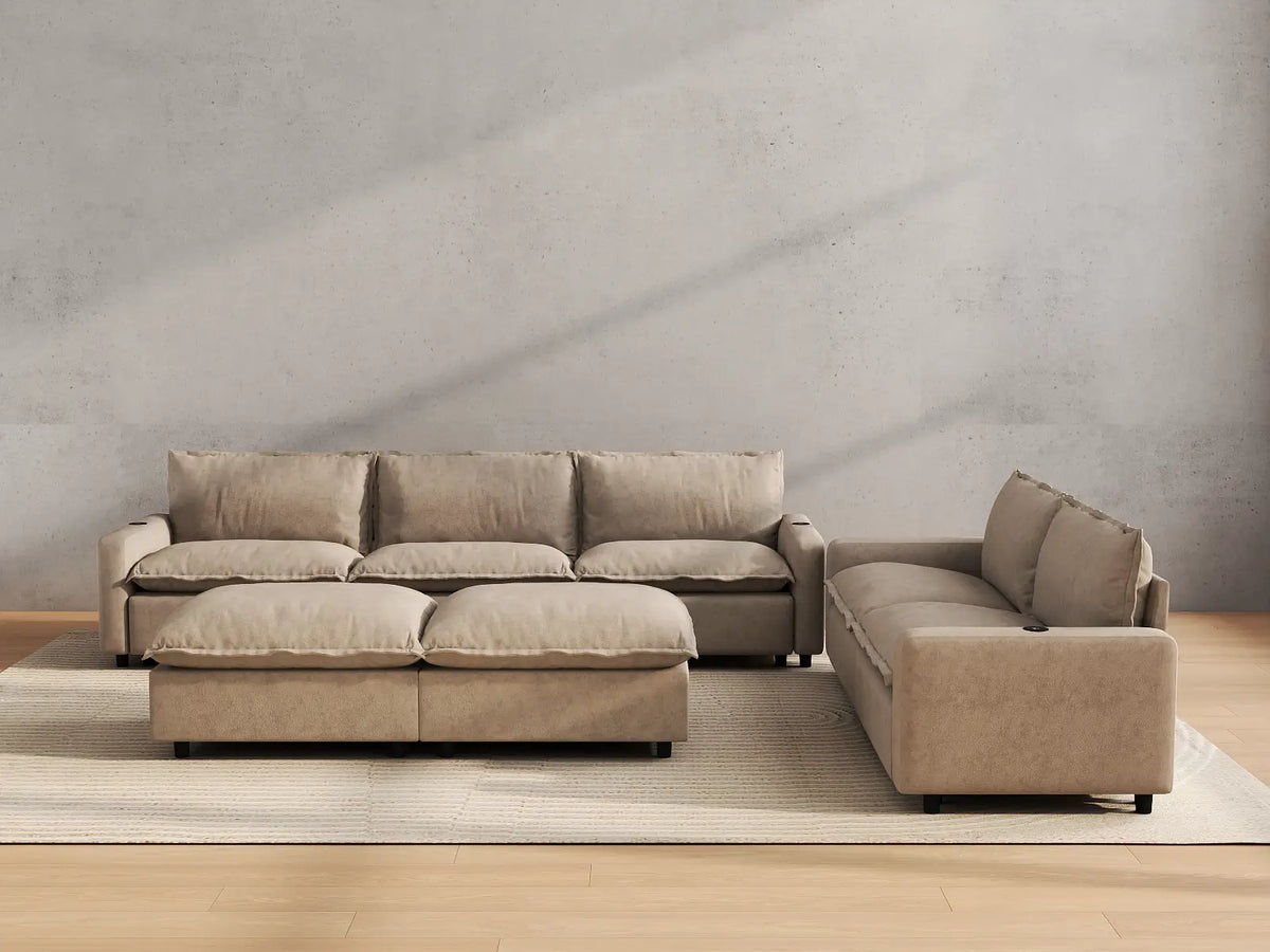 Modular Cero Reclining Sectionals | 7-Piece Khaki Linen Open Plan Sofa Sets 5-Seater with 2-Ottomans