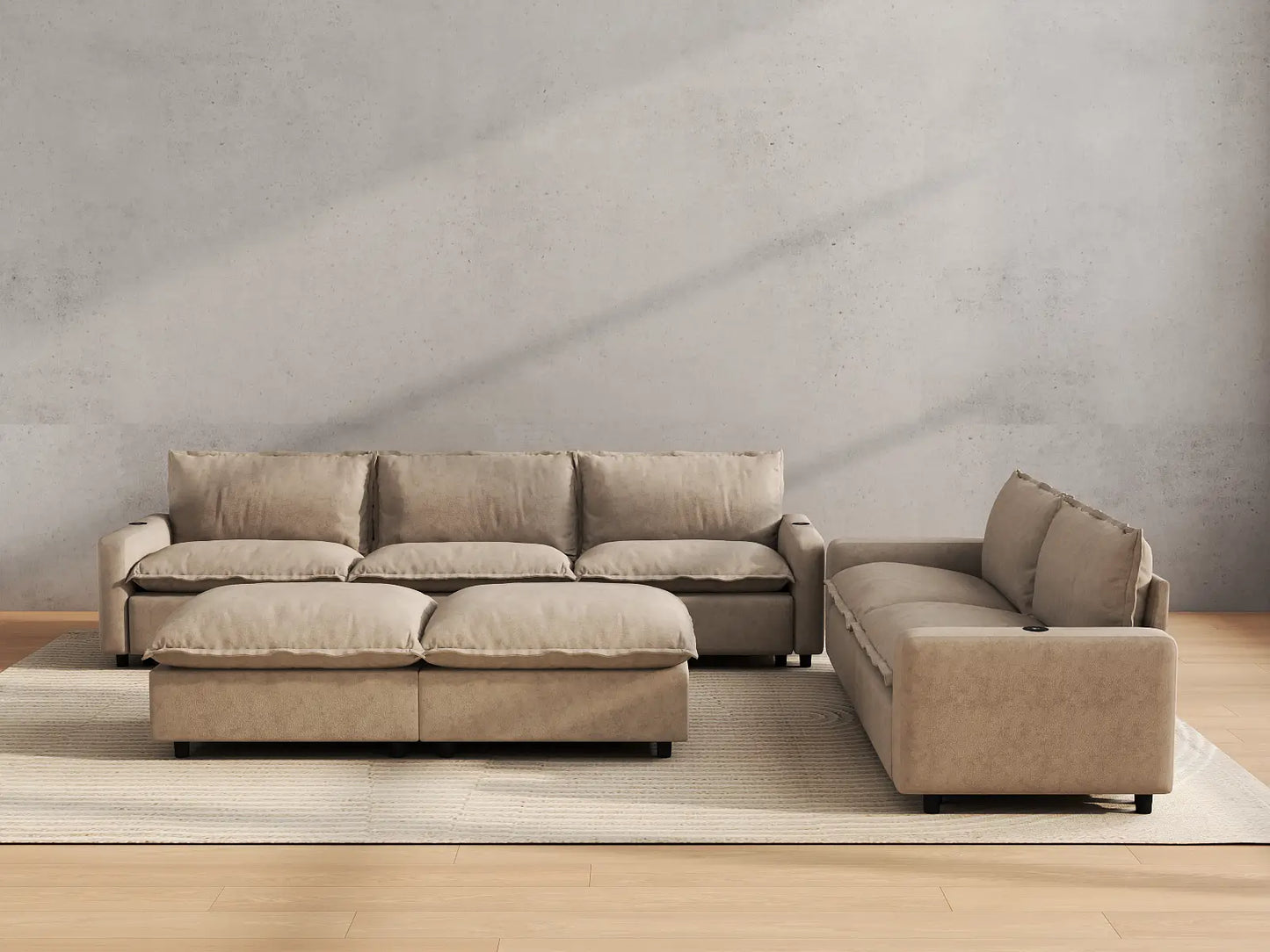 Modular Cero Reclining Sectionals | 7-Piece Khaki Linen Open Plan Sofa Sets 5-Seater with 2-Ottomans