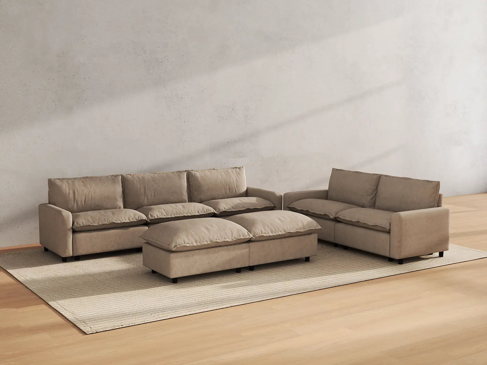 Modular Cero Modular Chaise Sectional | 7-Piece Khaki Linen Open Plan Sofa Sets 5-Seater with 2-Ottomans