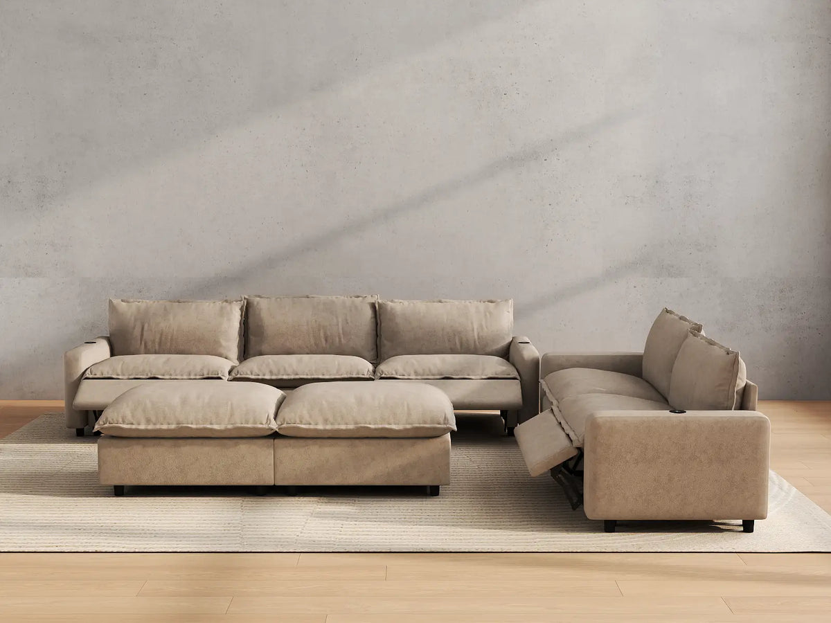 Modular Cero Reclining Sectionals | 7-Piece Khaki Linen Open Plan Sofa Sets 5-Seater with 2-Ottomans