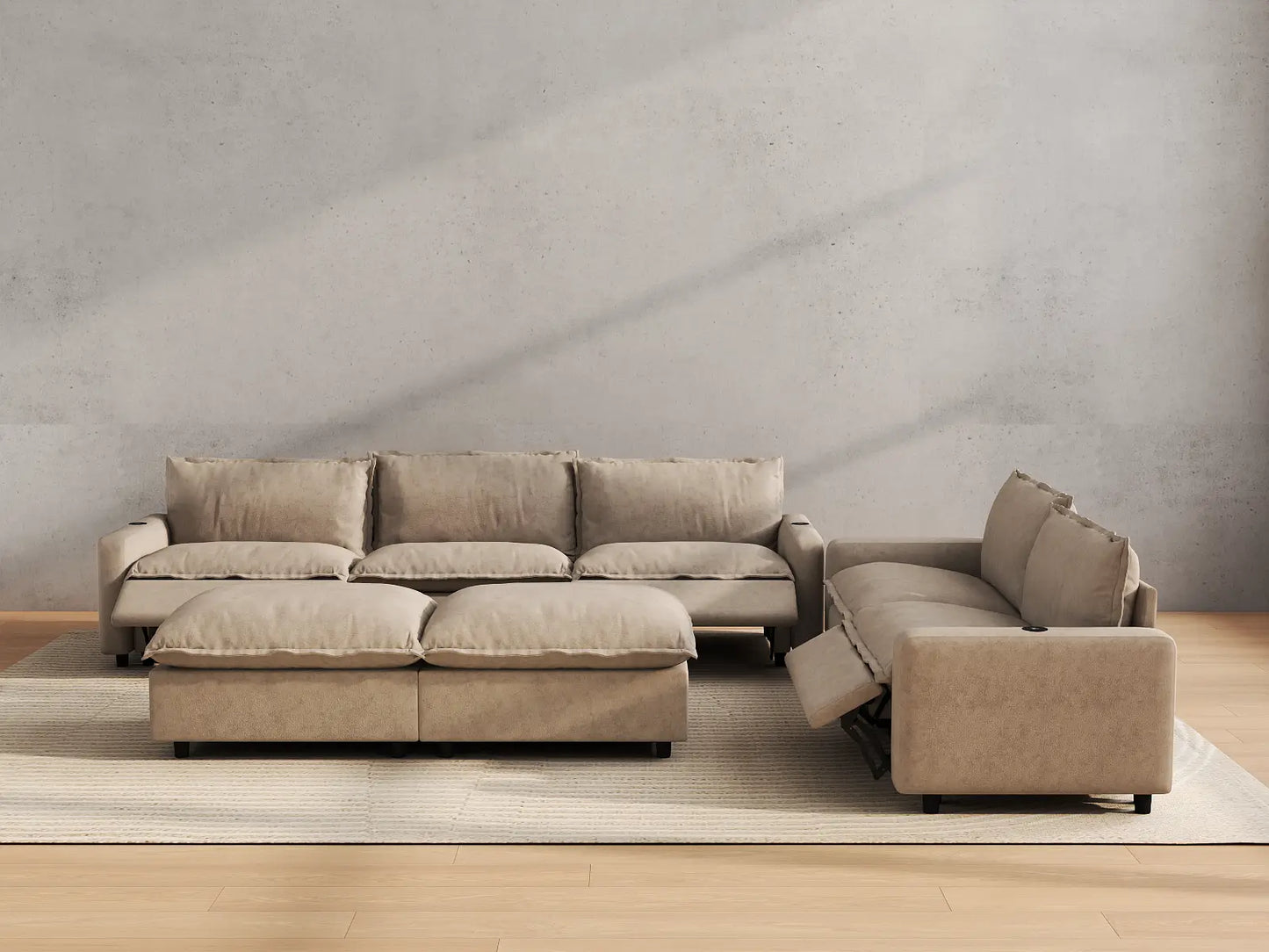 Modular Cero Reclining Sectionals | 7-Piece Khaki Linen Open Plan Sofa Sets 5-Seater with 2-Ottomans