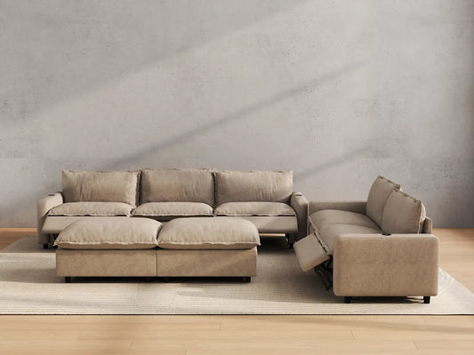 Modular Cero Reclining Sectionals | 7-Piece Khaki Linen Open Plan Sofa Sets 5-Seater with 2-Ottomans