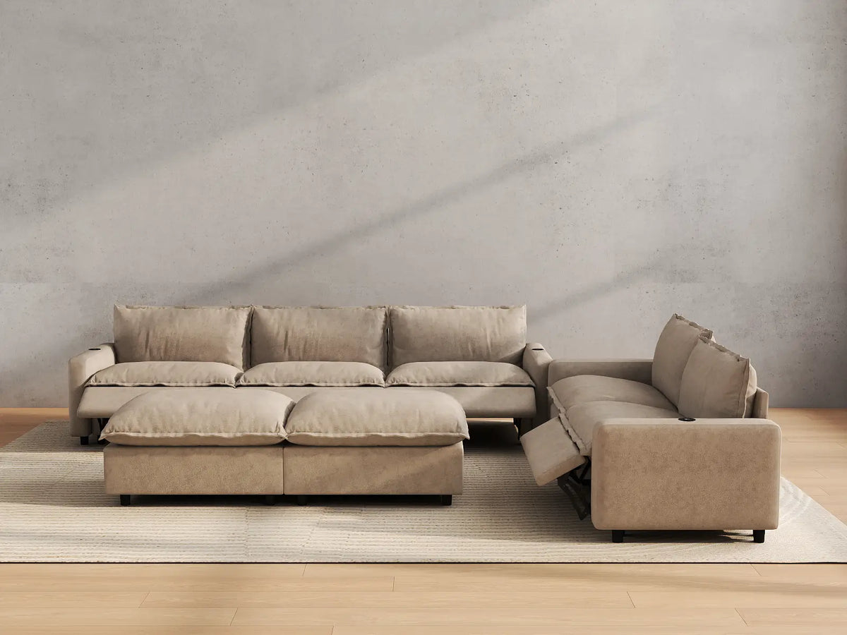 Modular Cero Reclining Sectionals | 7-Piece Khaki Linen Open Plan Sofa Sets 5-Seater with 2-Ottomans