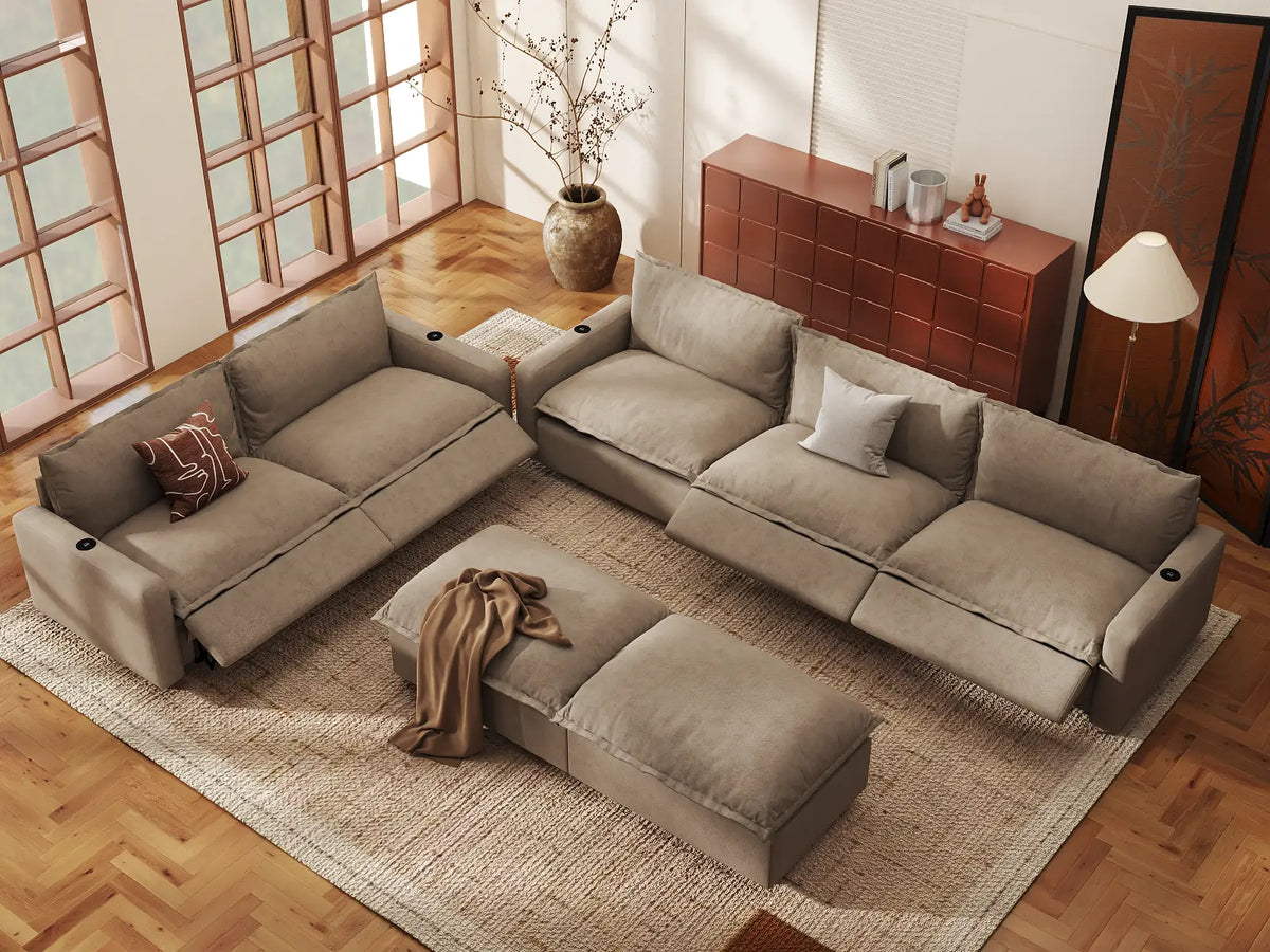 Modular Cero Reclining Sectionals | 7-Piece Khaki Linen Open Plan Sofa Sets 5-Seater with 2-Ottomans