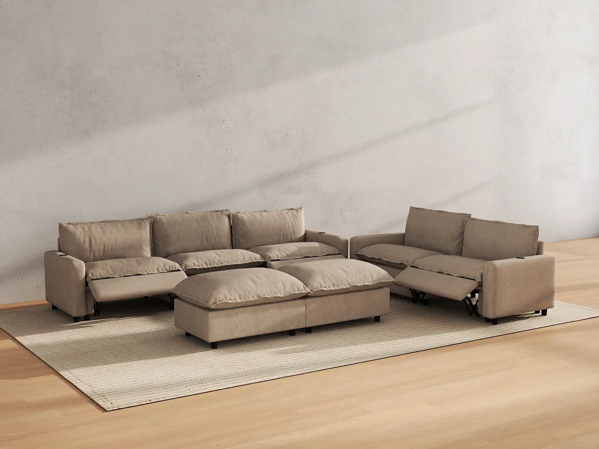 Modular Cero Reclining Sectionals | 7-Piece Khaki Linen Open Plan Sofa Sets 5-Seater with 2-Ottomans