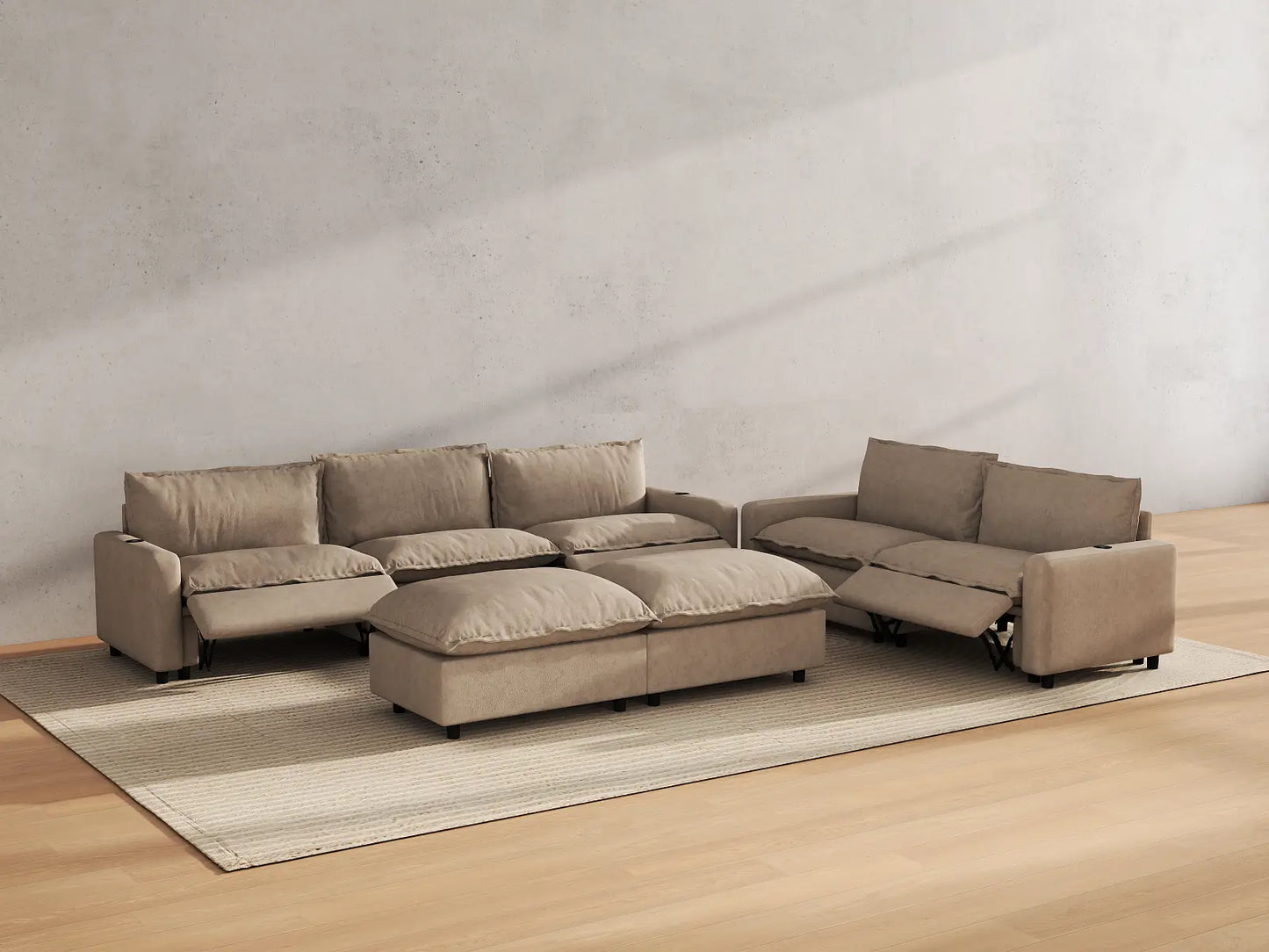 Modular Cero Reclining Sectionals | 7-Piece Khaki Linen Open Plan Sofa Sets 5-Seater with 2-Ottomans