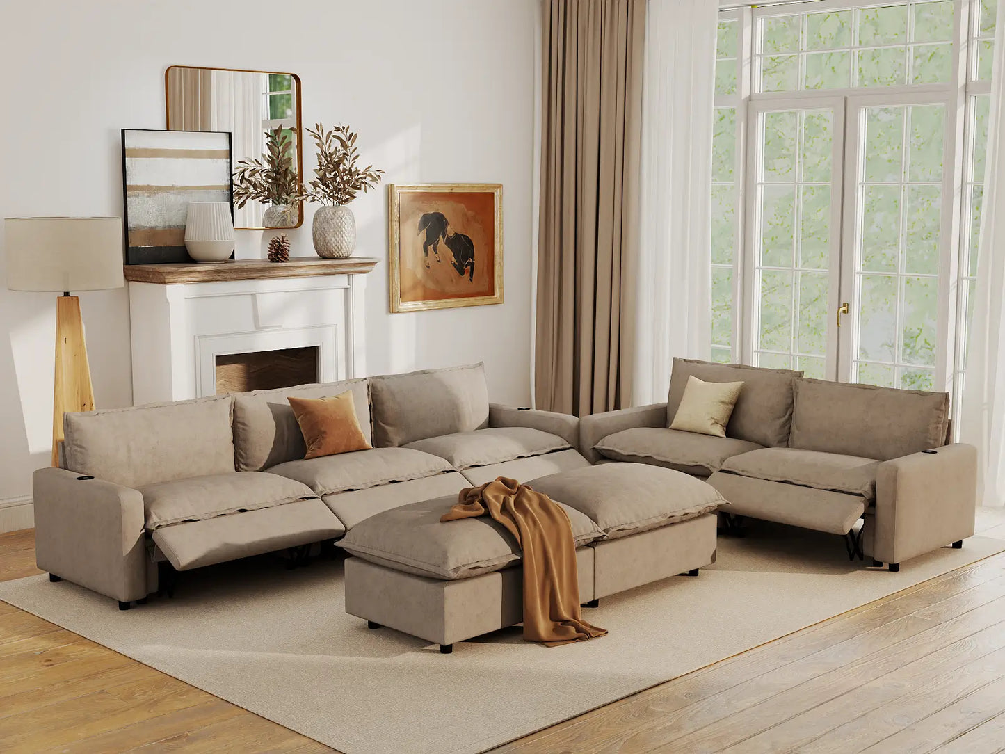Modular Cero Reclining Sectionals | 7-Piece Khaki Linen Open Plan Sofa Sets 5-Seater with 2-Ottomans