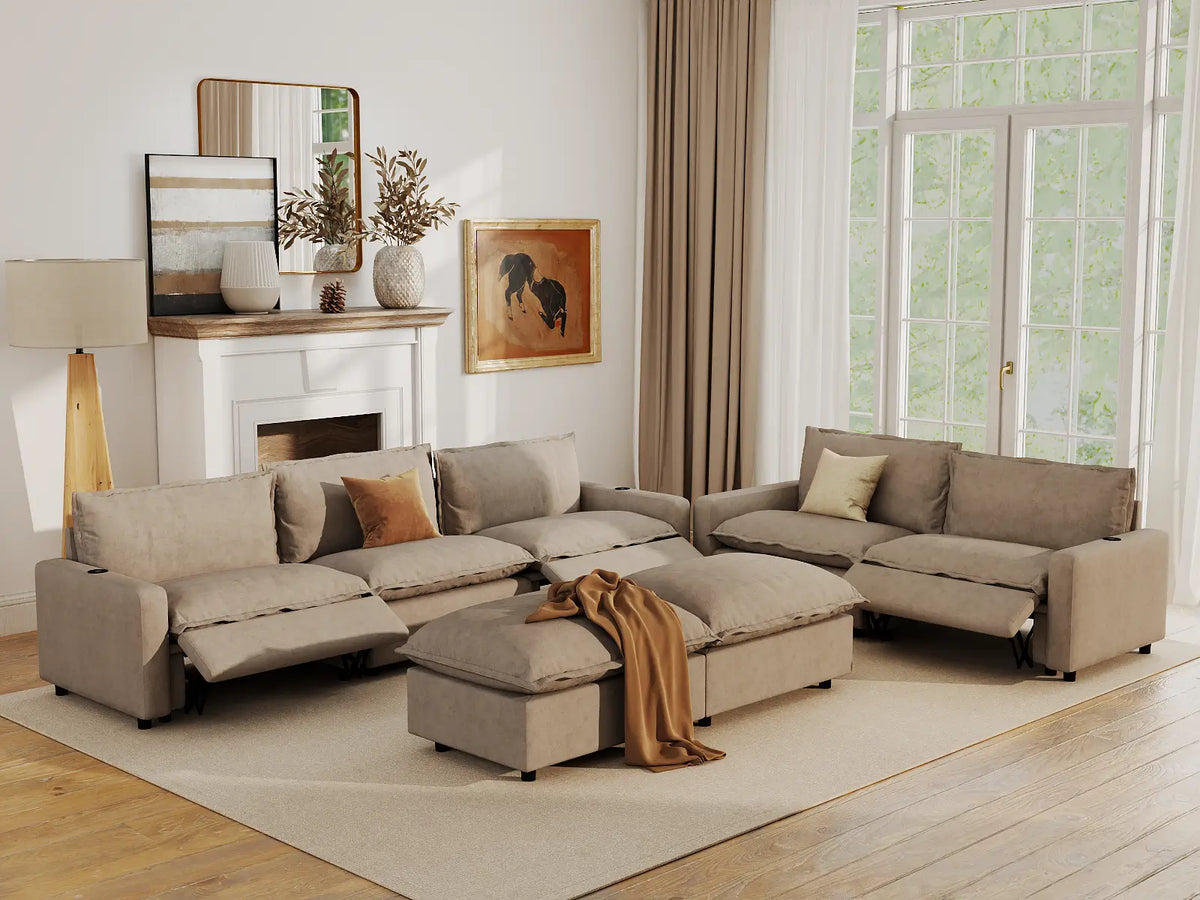 Modular Cero Reclining Sectionals | 7-Piece Khaki Linen Open Plan Sofa Sets 5-Seater with 2-Ottomans