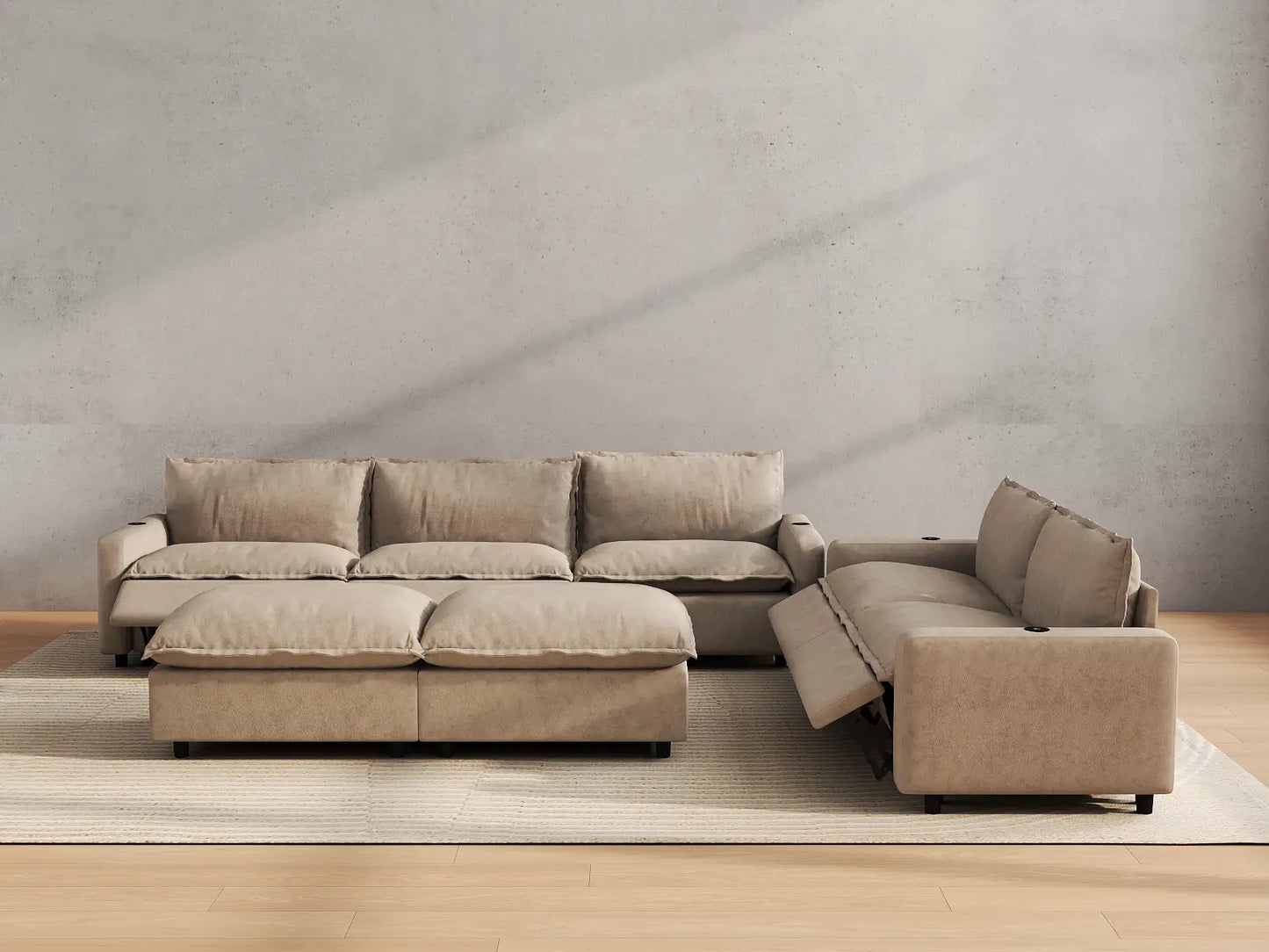 Modular Cero Reclining Sectionals | 7-Piece Khaki Linen Open Plan Sofa Sets 5-Seater with 2-Ottomans