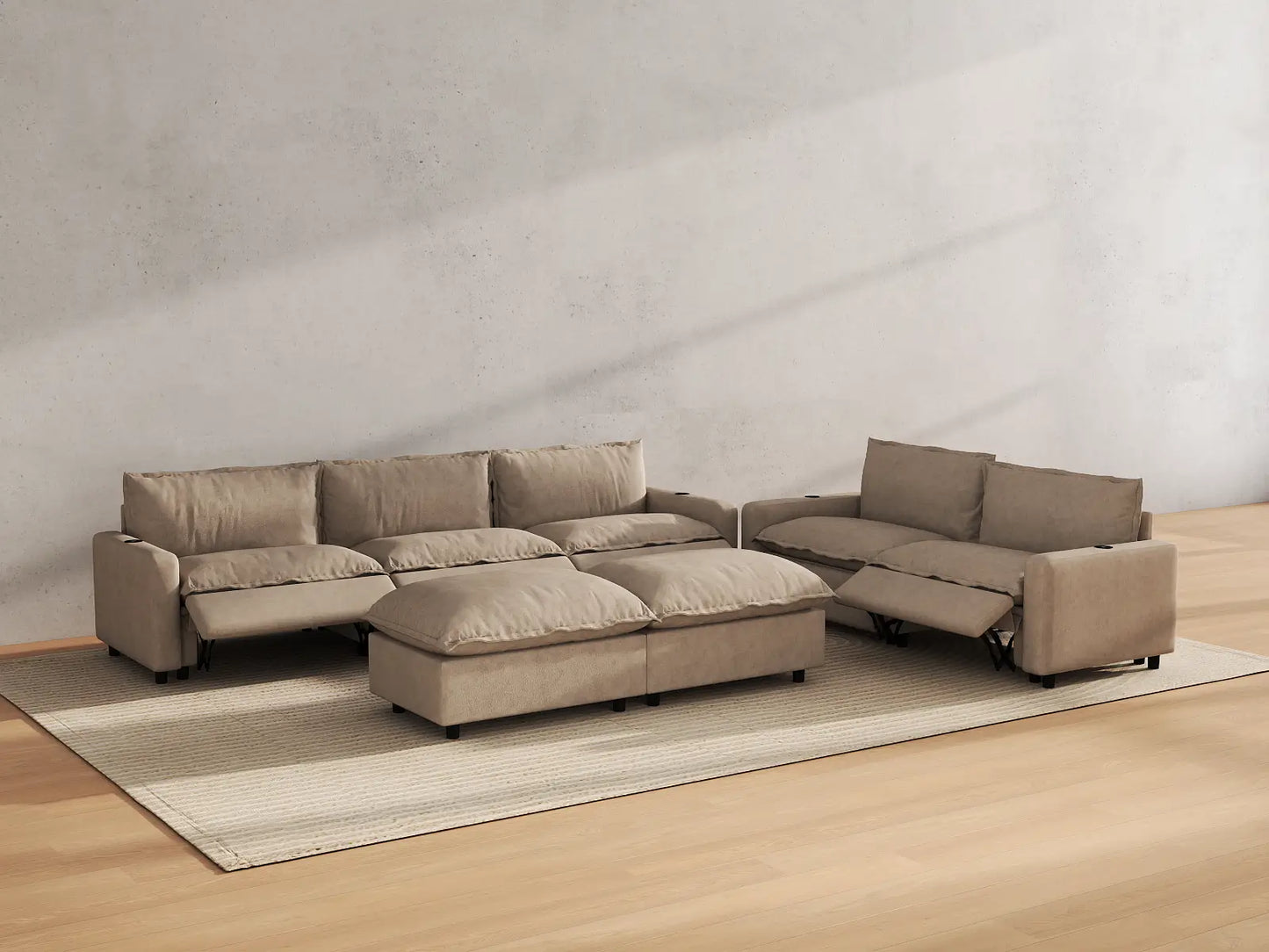 Modular Cero Reclining Sectionals | 7-Piece Khaki Linen Open Plan Sofa Sets 5-Seater with 2-Ottomans