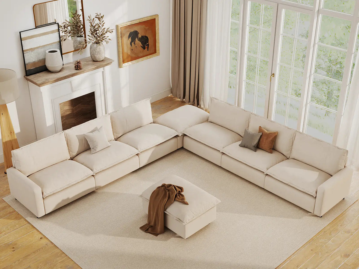 Modular Cero Modular Sectionals | 8-Piece Beige Linen Open Plan Sofa Sets 6-Seater with 2-Ottomans