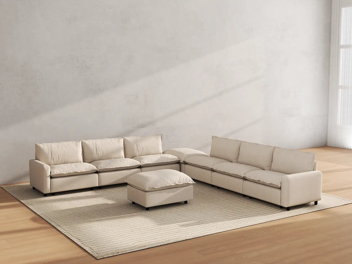 Modular Cero Modular Sectionals | 8-Piece Beige Linen Open Plan Sofa Sets 6-Seater with 2-Ottomans
