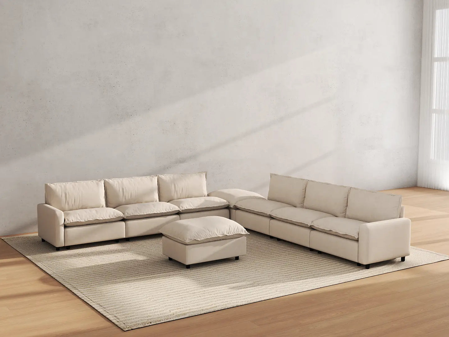 Modular Cero Modular Sectionals | 8-Piece Beige Linen Open Plan Sofa Sets 6-Seater with 2-Ottomans