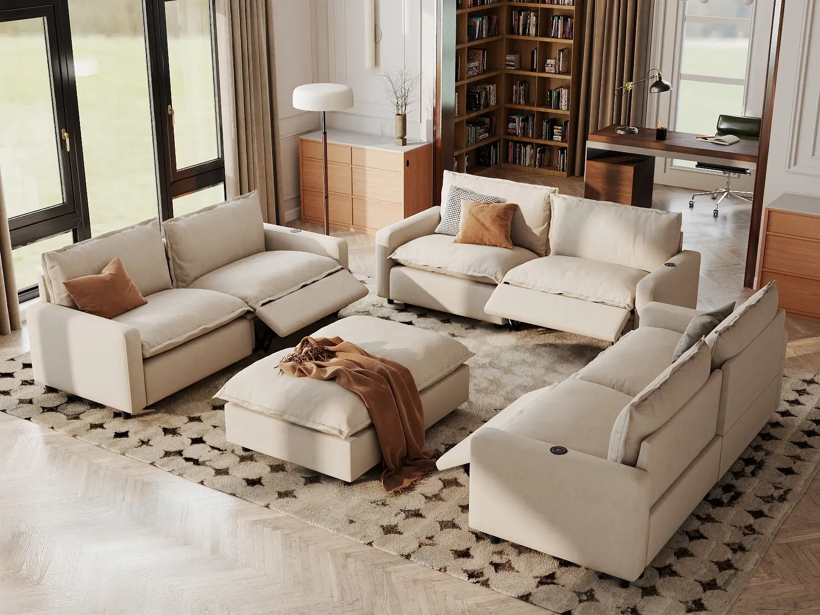 8 Piece Beige Linen Sit Sleep Play Sofa Sets 6 Seater with 2 Ottomans 1